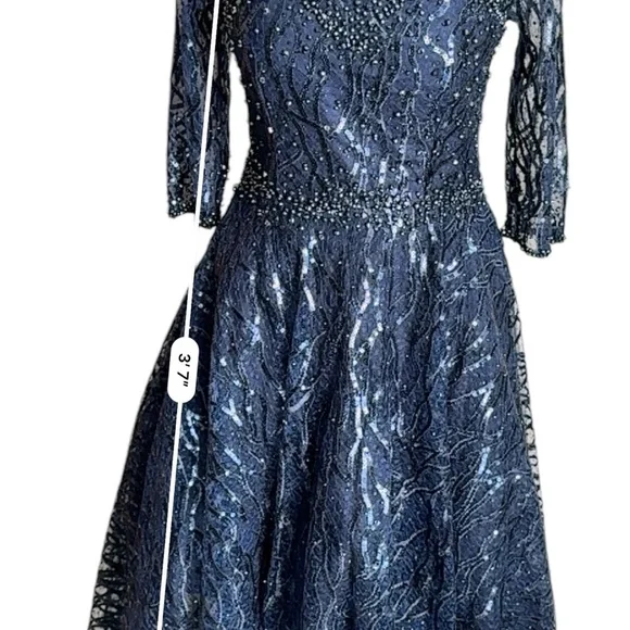 MAC DUGGAL HIGH NECK ABOVE ELBOW SLEEVE EMBELLISHED ALINE NAVY MIDI DRESS 4 - Picture 10 of 14